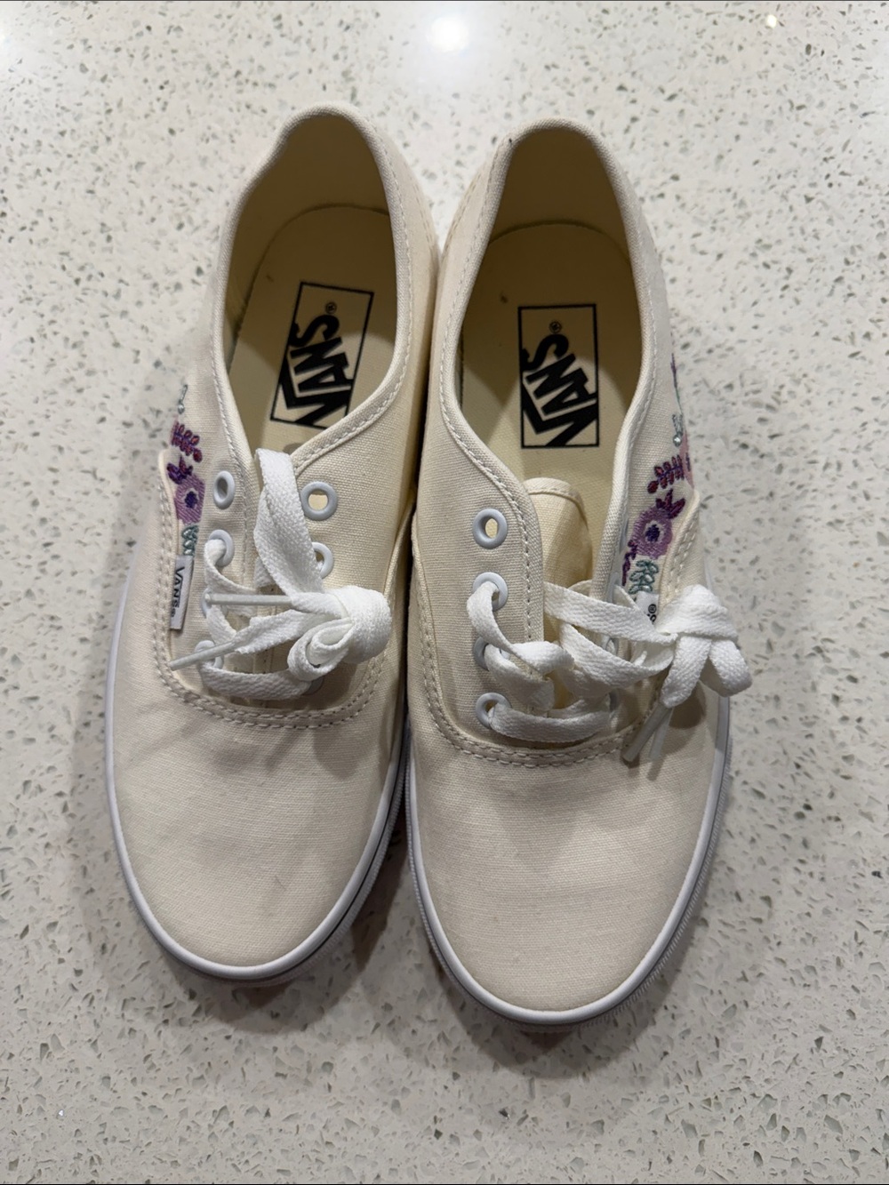 Brand New ~ Vans Cream Canvas Low Top Sneakers with Purple Floral Embroidery